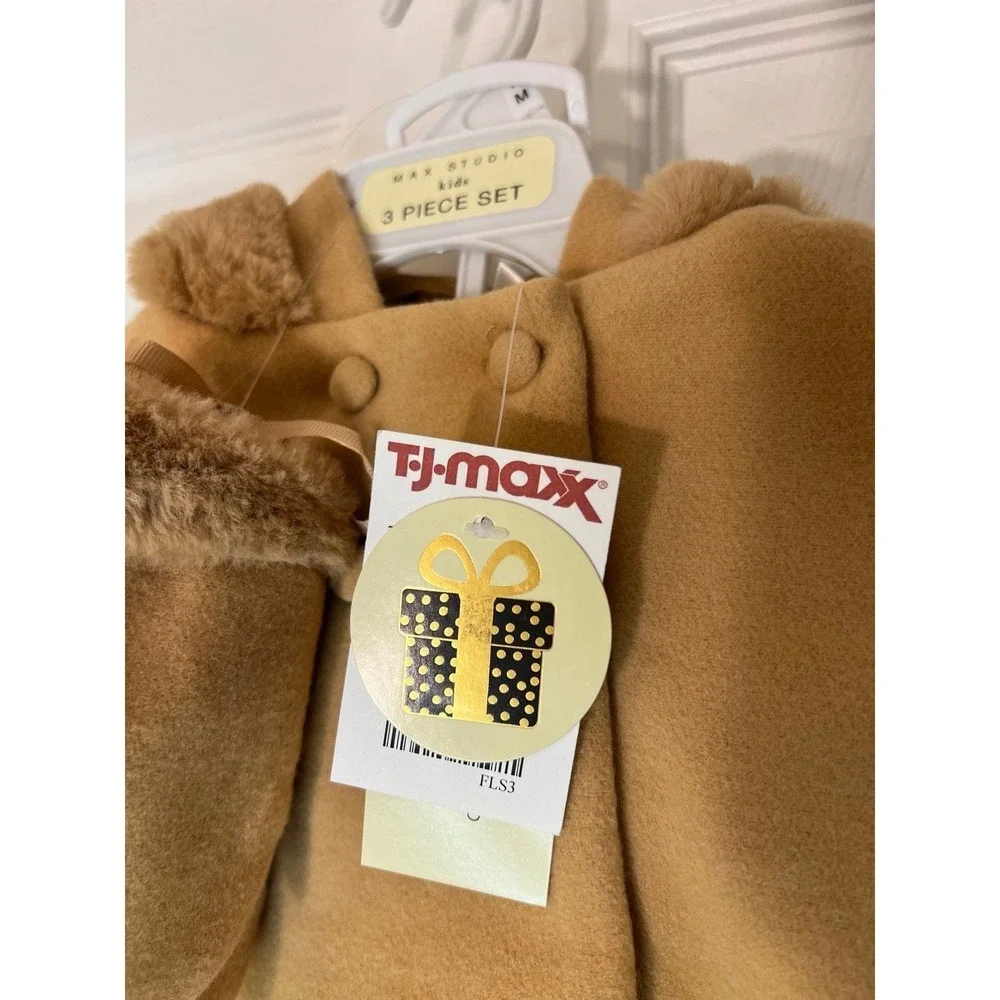 Max Studio Kids Hooded Jacket Mittens 12M Camel NEW Faux Fur 3 Piece Set